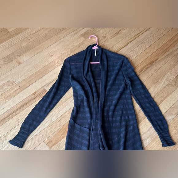 Free People Black/Blue Semi Sheer Stripe Open-Front Long Sleeve Knit Duster(XS) - Picture 4 of 5